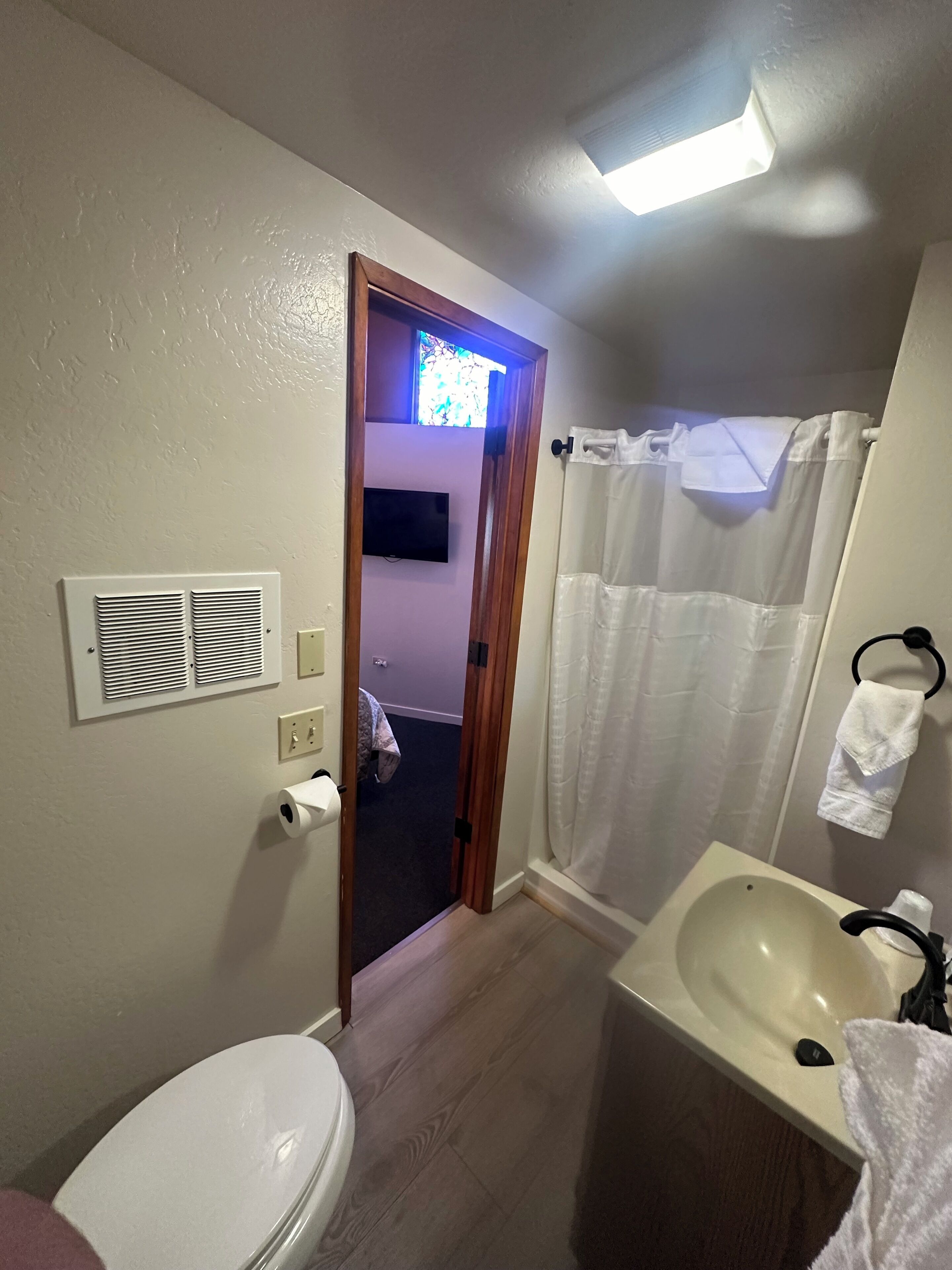 A bathroom with a toilet, sink, shower curtain, and a door leading to another room.