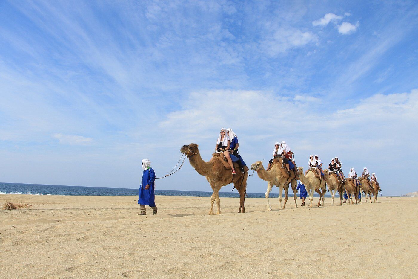 A group of people riding camels on a sandy beach with the ocean in the background.