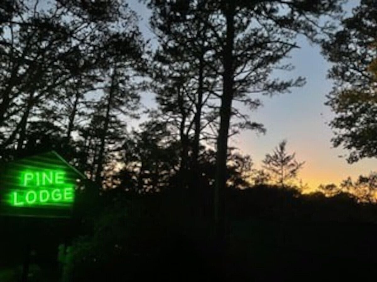 Señalización para 'Pine Lodge' en una zona boscosa.