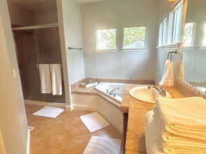 A bathroom with a shower, a sink, and a bathtub. There are two windows providing natural light. - Relax & unwind in sun rm yoga rm & private HOT TUB (Eagle)