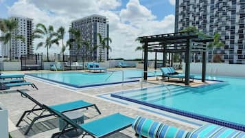 Outdoor pool, pool loungers