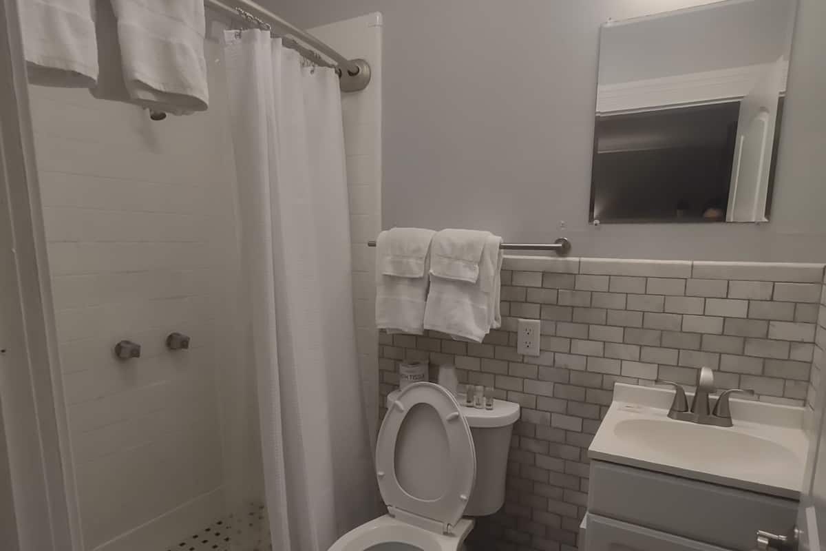 A bathroom with a shower, toilet, sink, and a mirror.