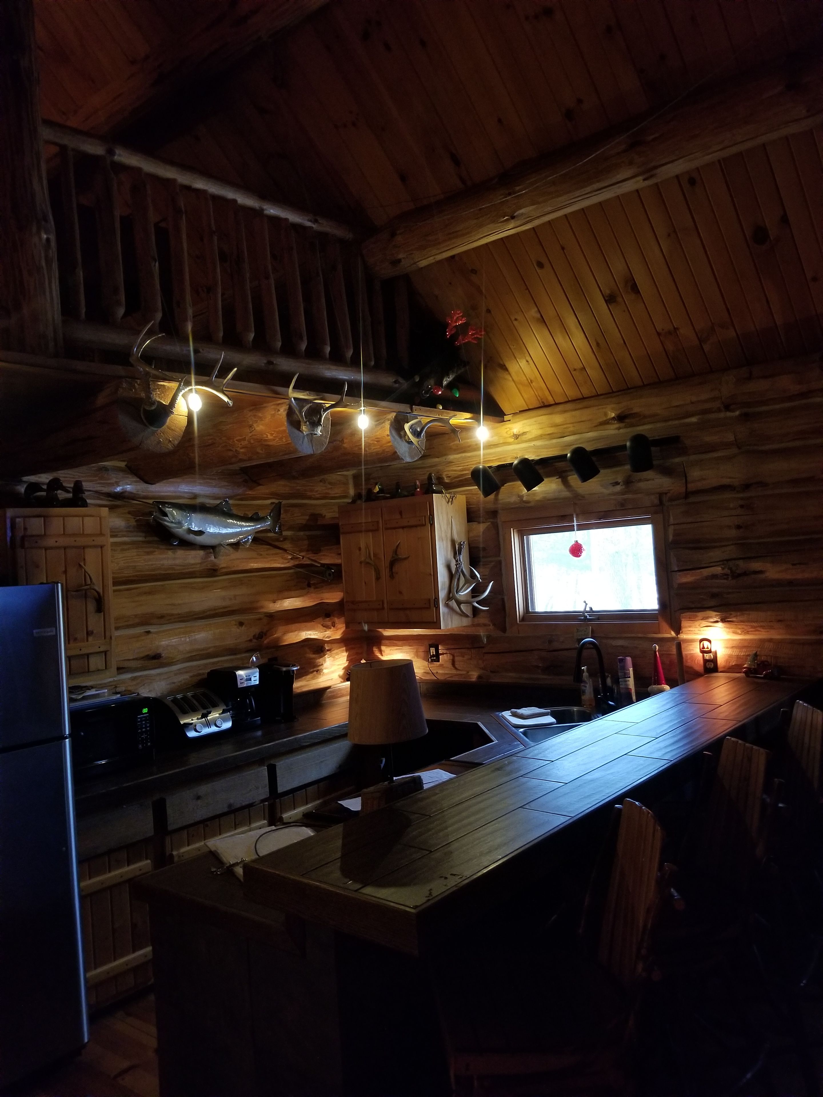 L’intérieur d’un chalet rustique, avec des murs et un plafond en bois, un coin bar éclairé par une lampe, et une fenêtre offrant une vue agréable.