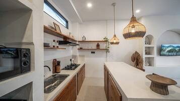 Fridge, microwave, stovetop, cookware/dishes/utensils