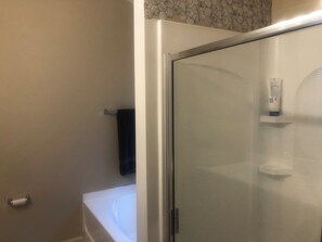 Hair dryer, towels, soap, toilet paper