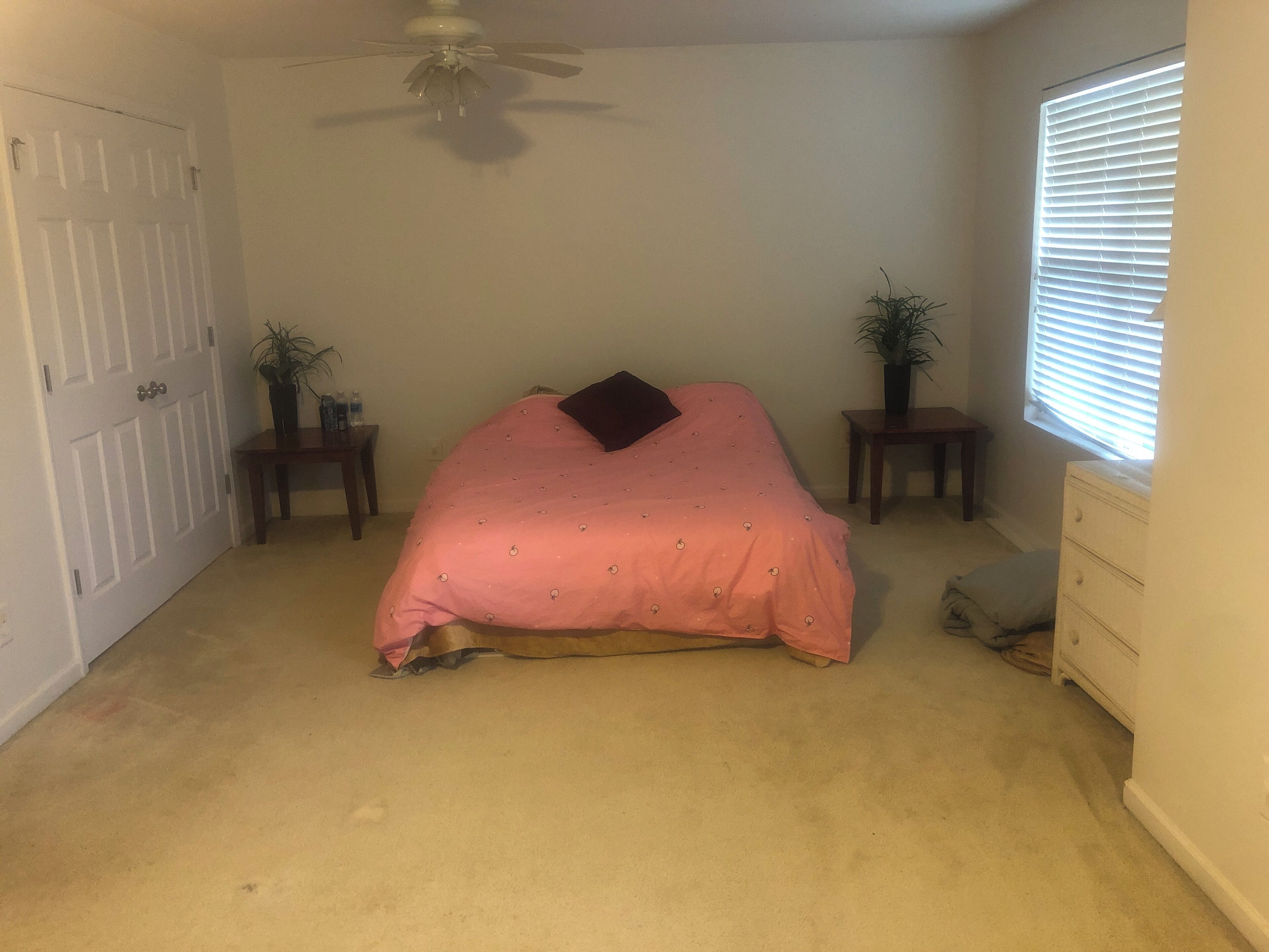 Une chambre à coucher comprenant un lit, un ventilateur de plafond, une commode et une fenêtre avec des stores.