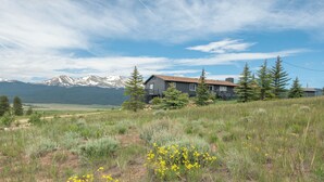 A house with a mountain backdrop, surrounded by grass and wildflowers. - Sweet Dreams -MtnViews & Hot Tub (Leadville)