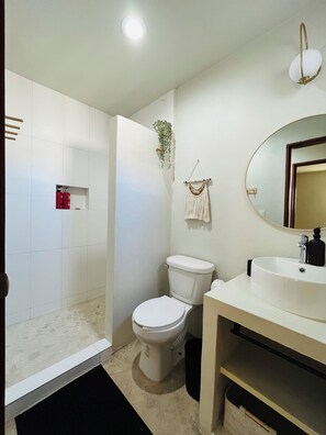 Douche, séchoir à cheveux, serviettes fournies, papier de toilette