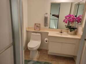 Secadora de cabello, bidet, toallas, jabón 