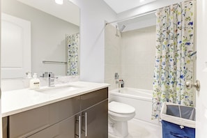 Hair dryer, towels, soap, shampoo