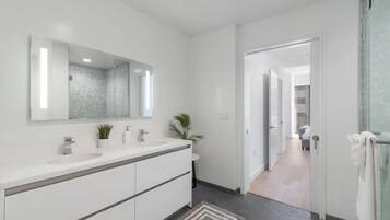 Hair dryer, towels, soap, shampoo