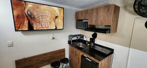 Fridge, microwave, coffee/tea maker, electric kettle