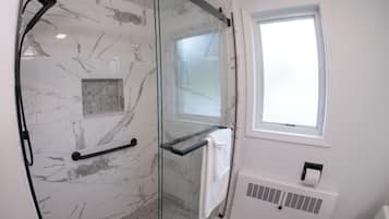 Shower, towels, soap, shampoo