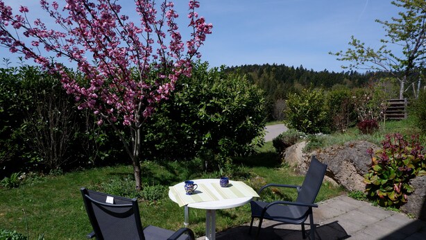 An outdoor seating area with a table and two chairs, surrounded by lush greenery and flowering trees. - Quiet vacation apartment in the southern Black Forest, 10 minutes from St. Blasien (Dachsberg (Südschwarzwald))