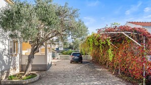 A narrow cobblestone street with a parked car, a tree, and a wall covered in red and green foliage. - Awesome apartment in Rogoznica with WiFi (Rogoznica)