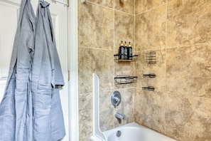 Hair dryer, towels, soap, shampoo