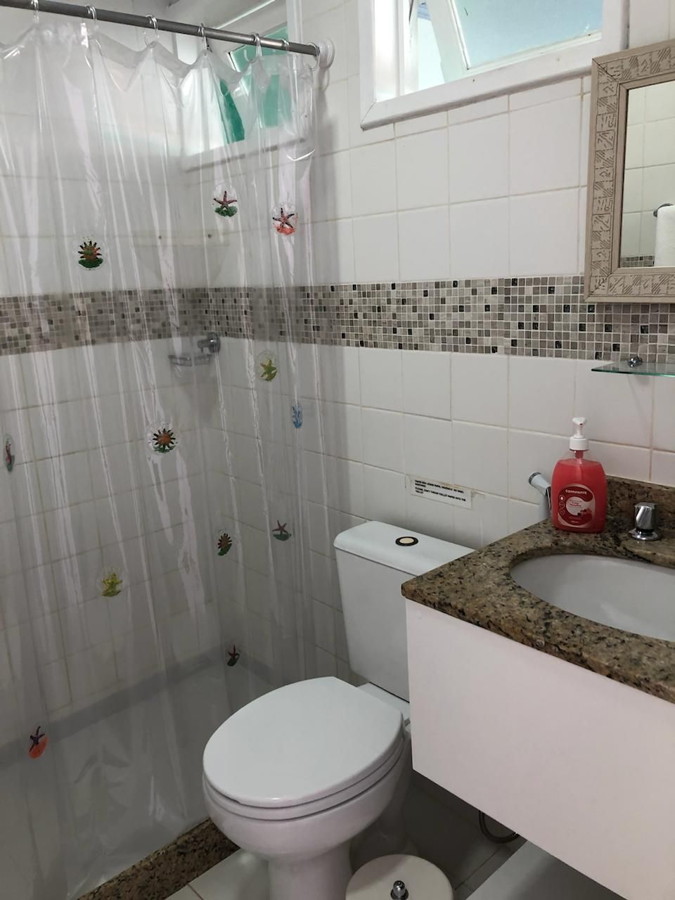 Un baño con cortina de ducha, inodoro, lavamanos y un espejo sobre el lavamanos.