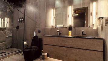 Shower, hair dryer, towels, soap