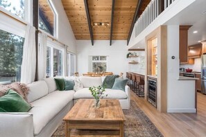 Smart TV, fireplace, books