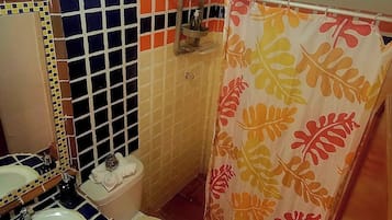 Shower, towels, toilet paper