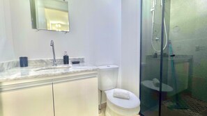 Hair dryer, towels, soap, toilet paper