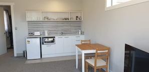 Fridge, microwave, electric kettle, toaster
