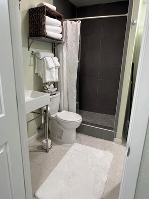 Douche, séchoir à cheveux, serviettes fournies, savon