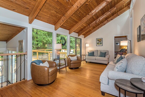 Smart TV, fireplace, books