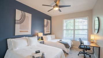 2 bedrooms, desk, laptop workspace, iron/ironing board