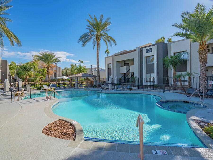 A swimming pool with a curved design, surrounded by palm trees and lounge chairs.