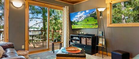 Smart TV, chimenea, libros, monitor de computadora