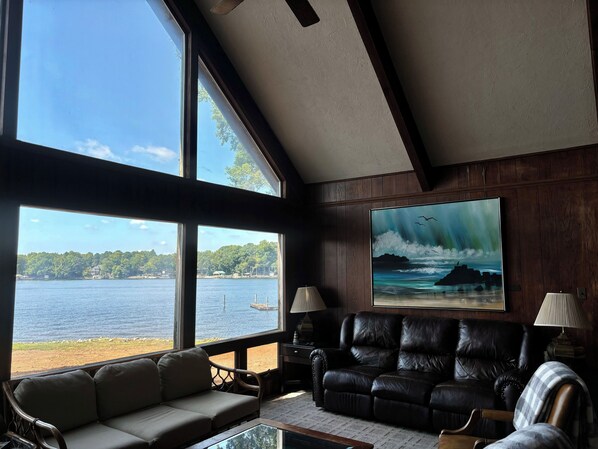 Smart-tv, een open haard, een dvd-speler en boeken