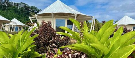 A white pavilion with a peaked roof surrounded by lush green and variegated foliage.
