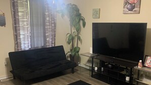 Ein Wohnzimmer mit schwarzem Sofa, einem Flachbildfernseher auf einem schwarzen Standfuß, einem Deckenventilator, einem Blumentopf und einem schwarzen Teppich.