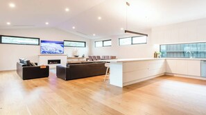 A modern living room with a fireplace, a sofa, and a television.