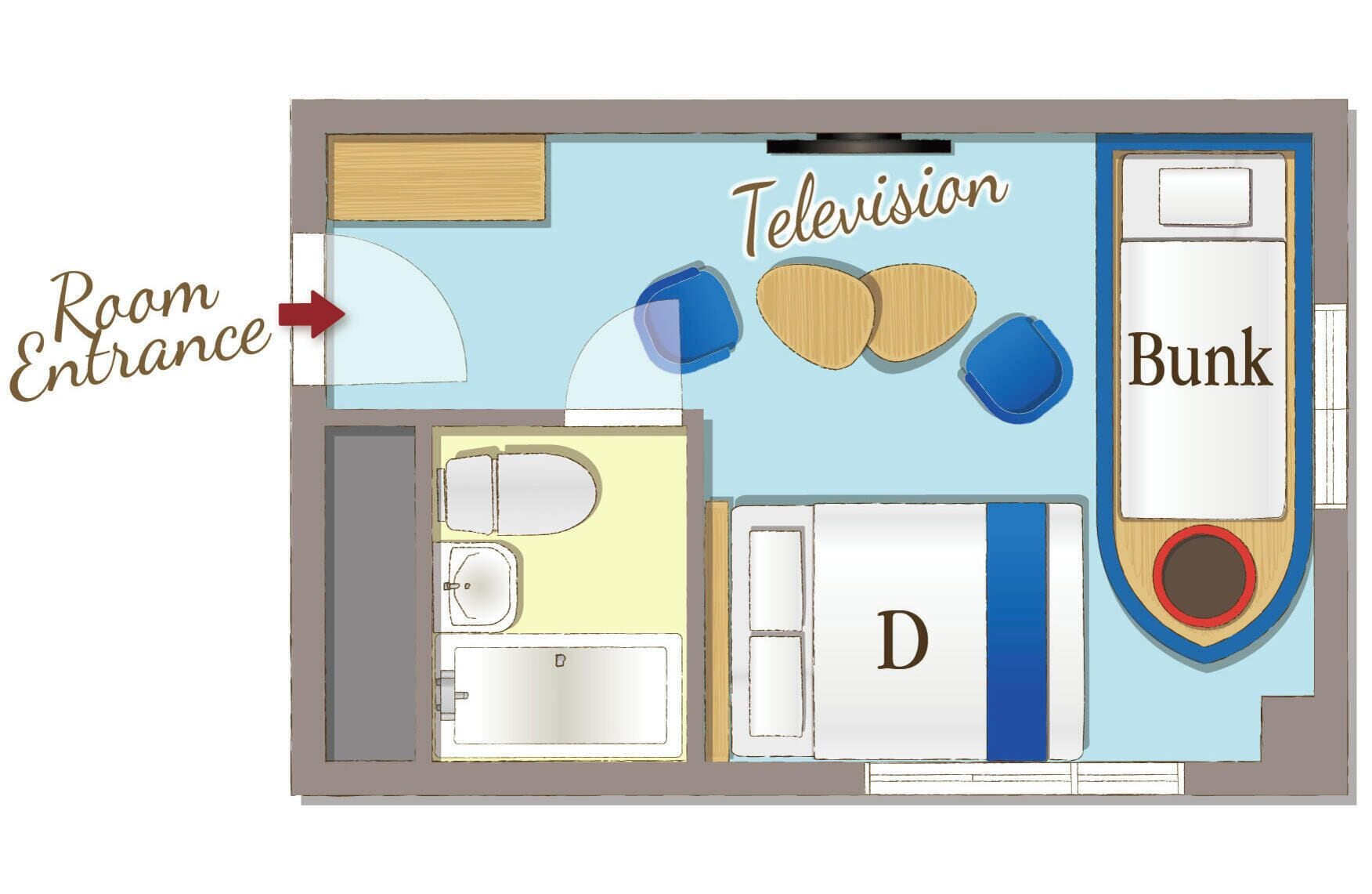 A room layout with a television, bunk bed, bathroom, and a room entrance.