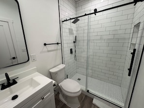Douche, séchoir à cheveux, serviettes fournies, savon