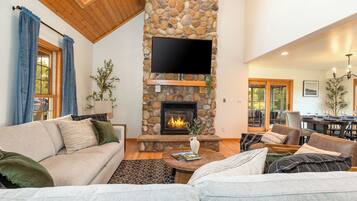 Smart TV, fireplace, video games, foosball