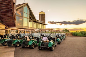 Una fila de carritos de golf estacionados frente a un edificio con ventanas amplias y un silo al fondo.
