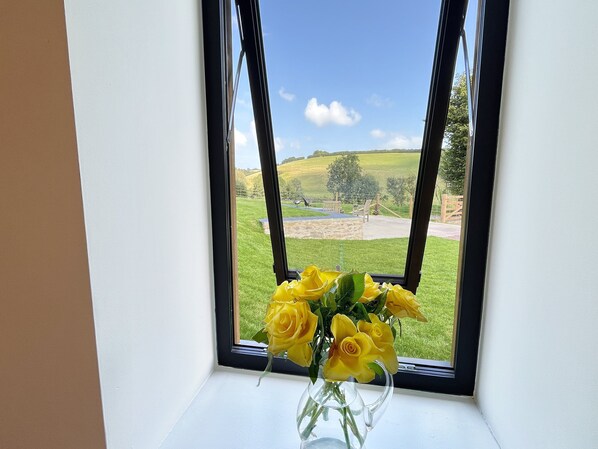 A window with a view of a grassy landscape and a clear sky. - The Chapel, Brompton Regis (Dulverton)