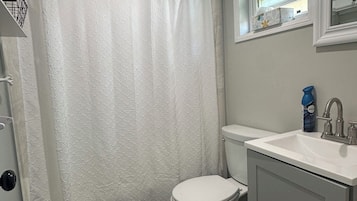 Hair dryer, towels, soap, shampoo