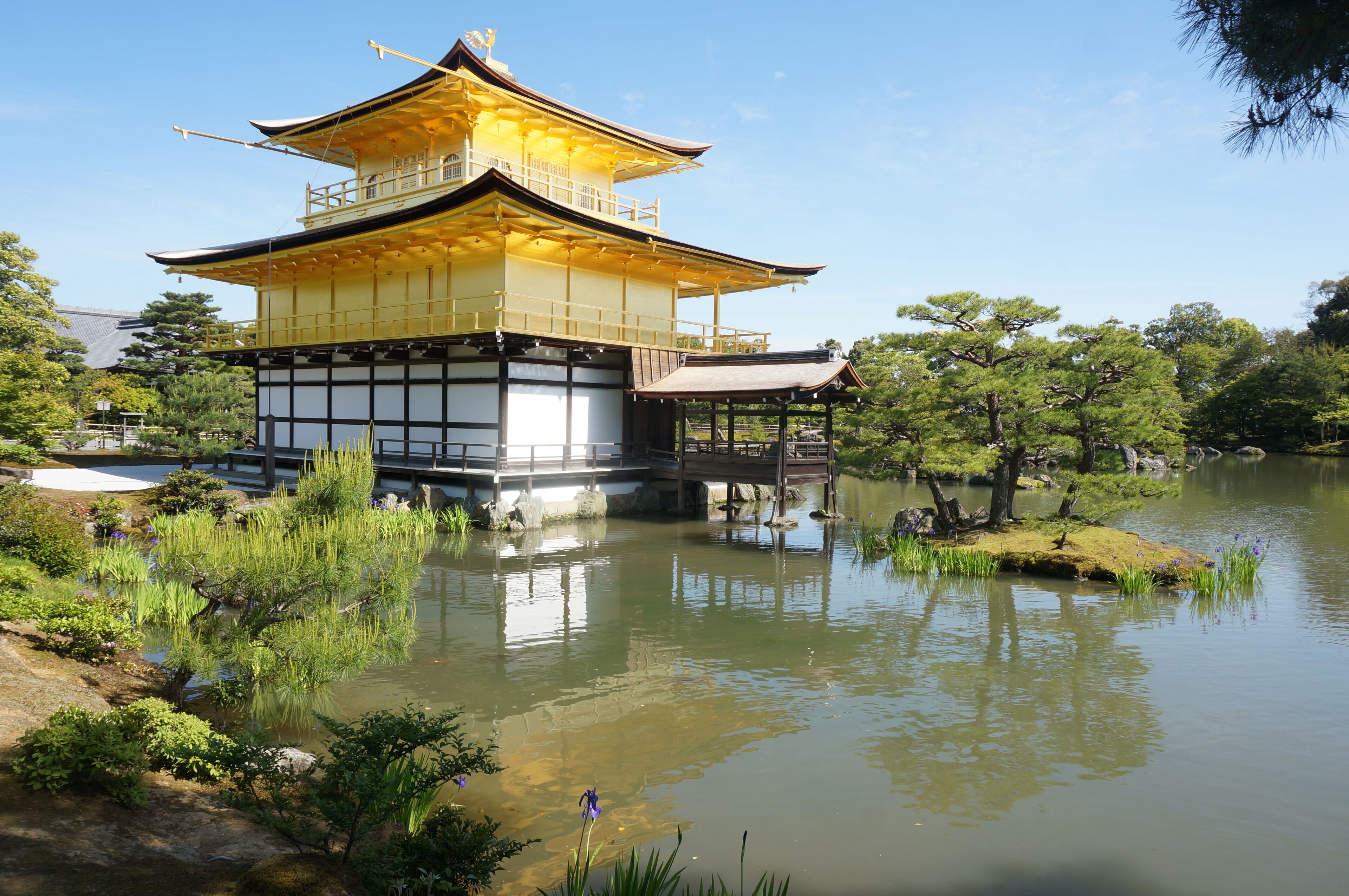 A traditional Japanese building with a multi-tiered roof, situated by a calm pond with surrounding greenery.