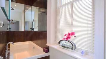 Shower, hair dryer, towels