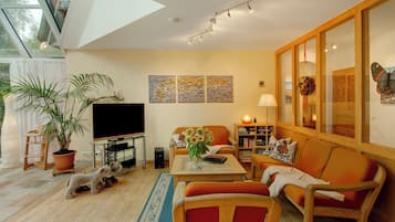TV, DVD player, books, stereo