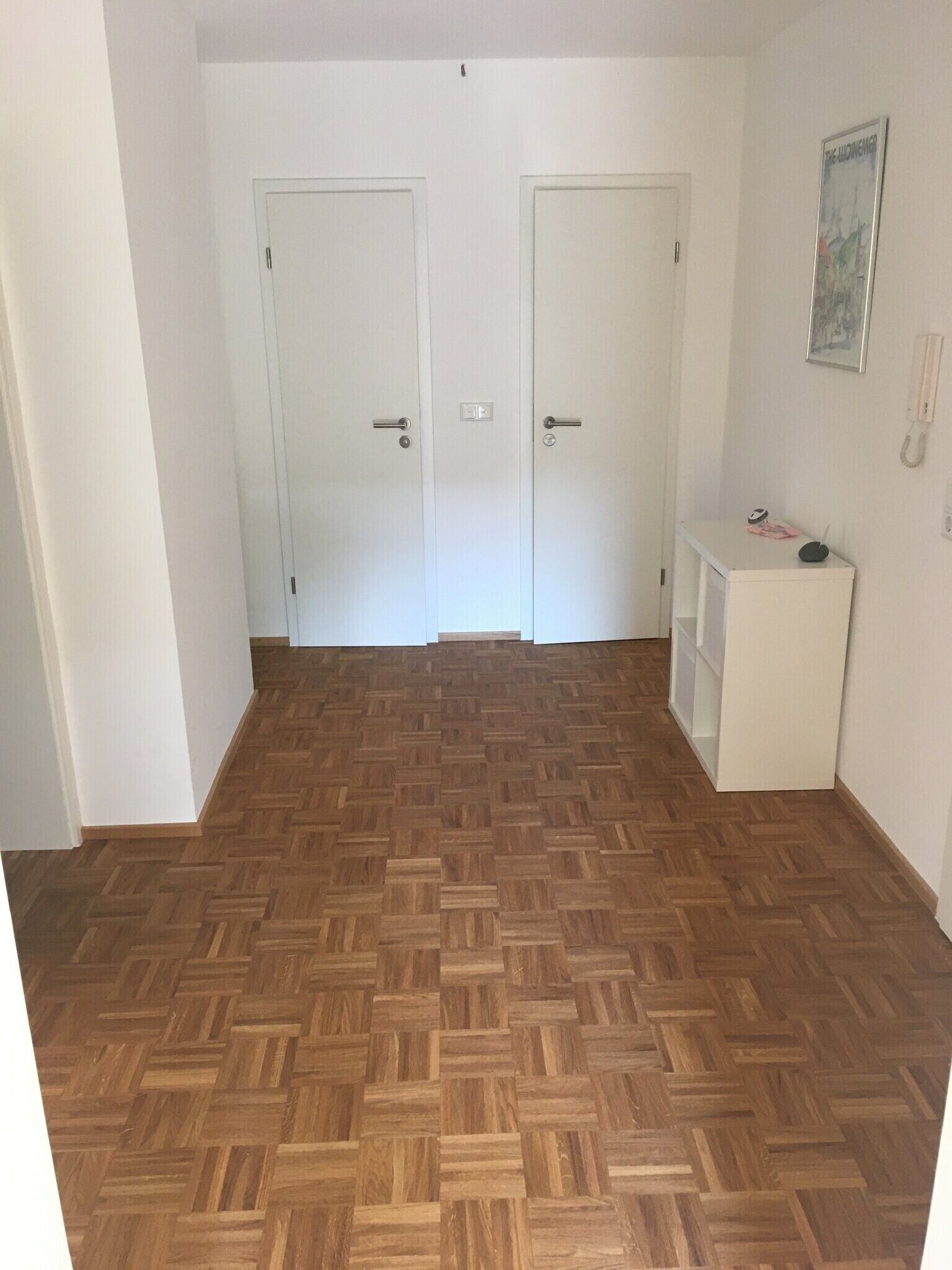 A hallway with two white doors, a herringbone-patterned wooden floor, and a small white cabinet with a telephone and a picture on the wall.