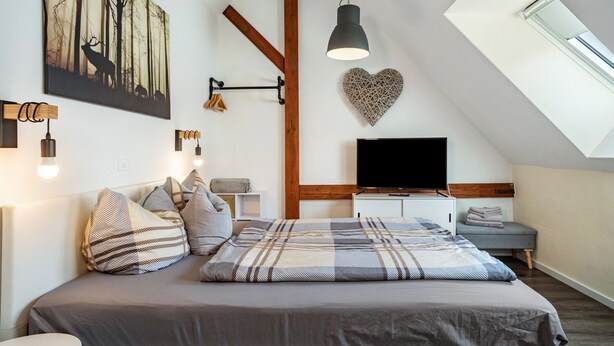 Um quarto com uma cama, uma televisão, uma decoração de parede em formato de coração, um claraboia e uma pintura de veados.