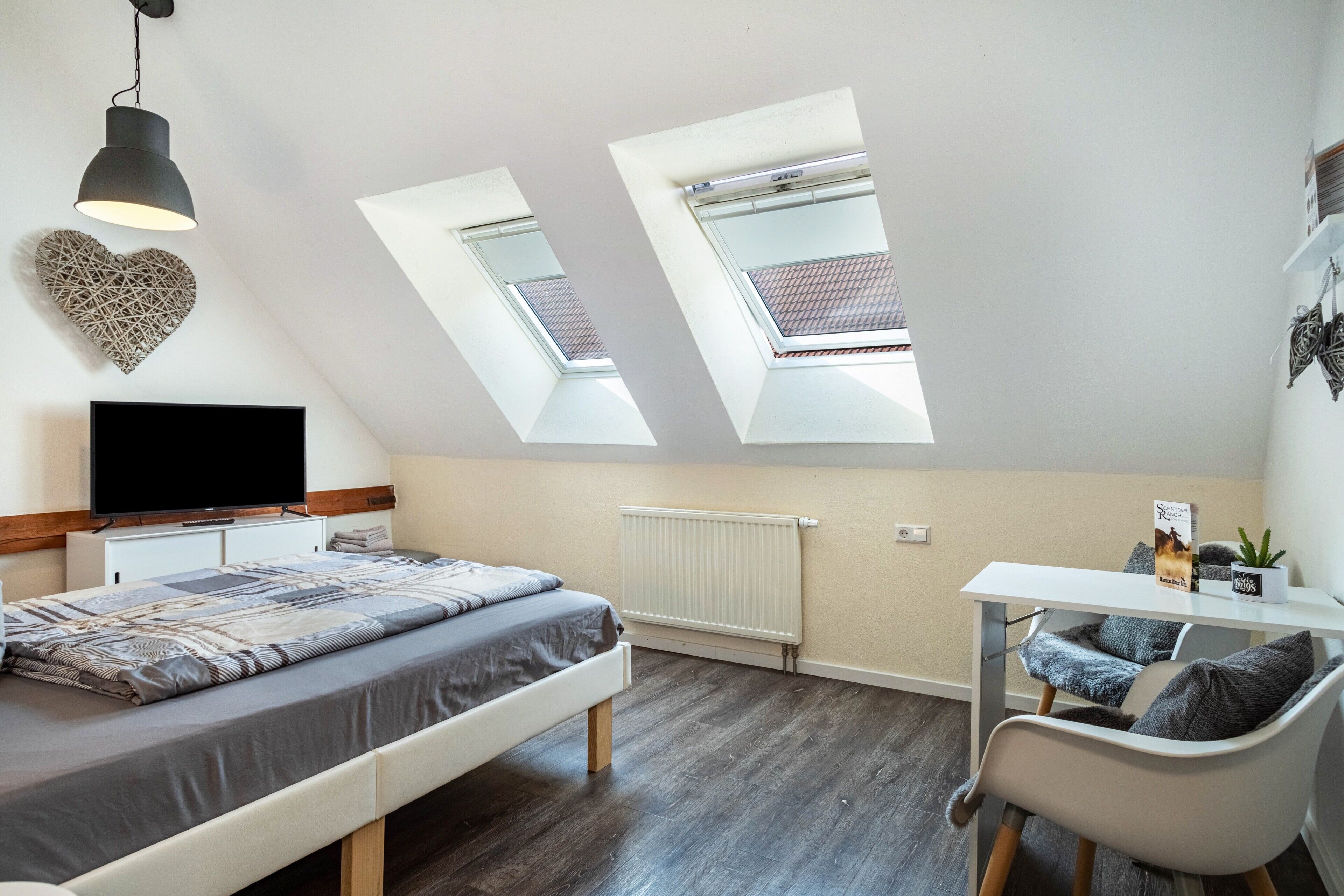 A bedroom with a bed, a desk, a chair, a TV, and two skylights.