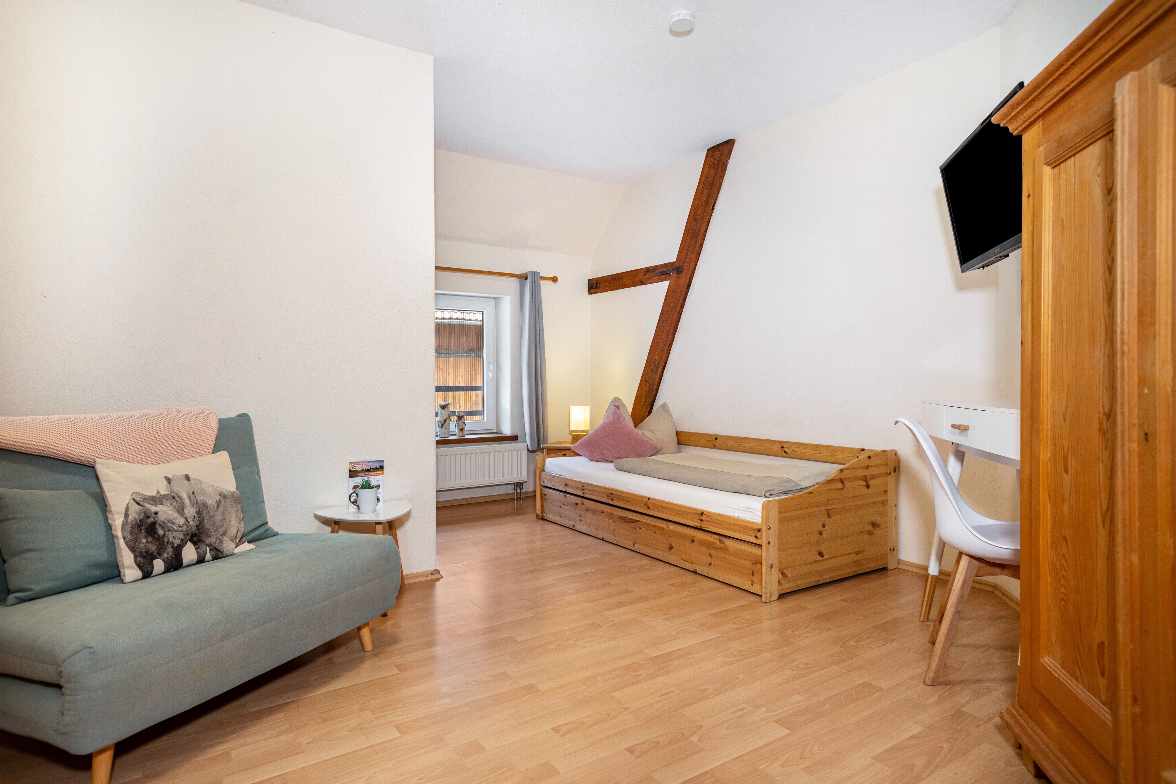 Una habitación con sofá, cama de madera, televisor, escritorio y silla.
