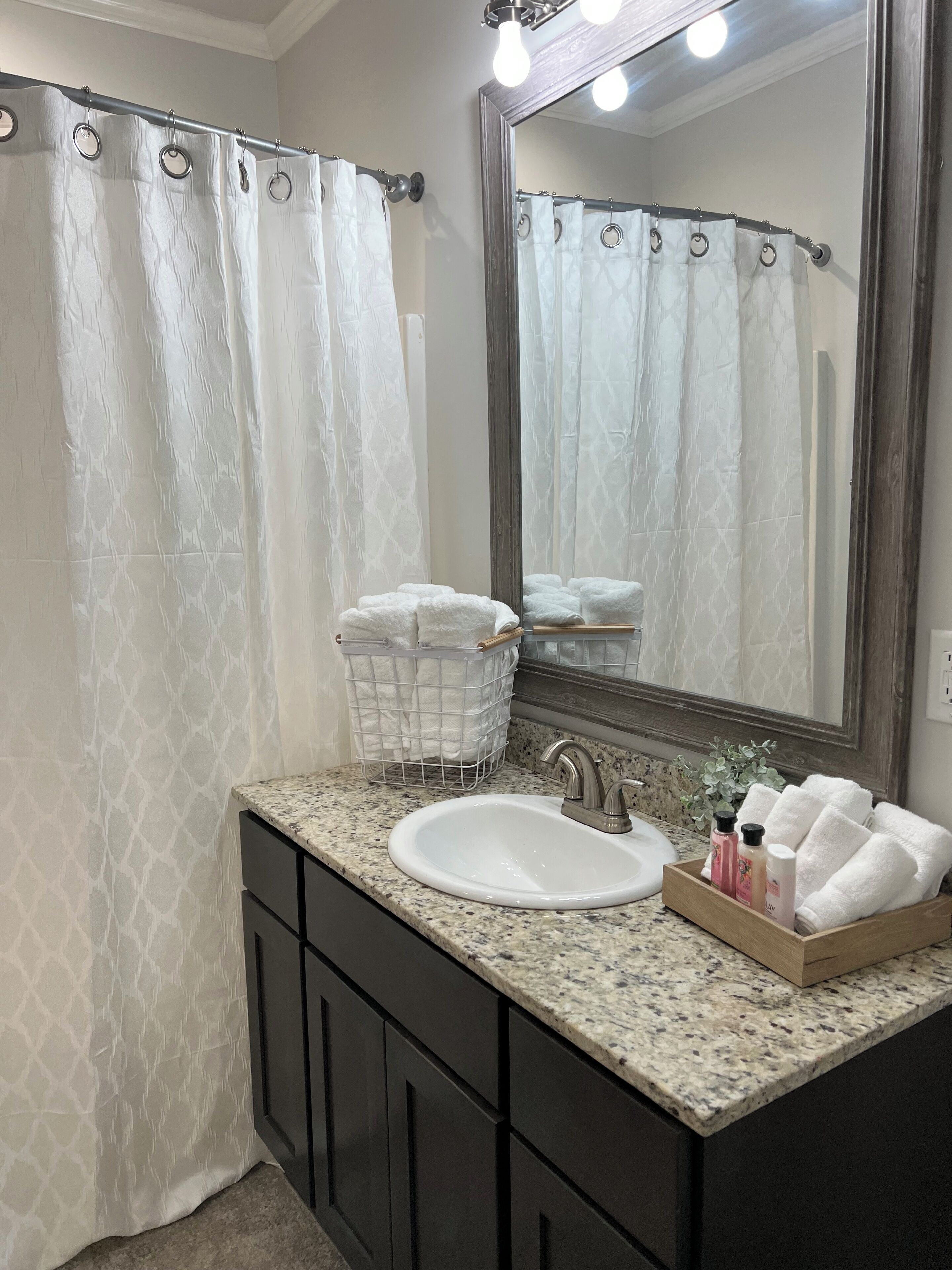 Hair dryer, towels, soap, toilet paper