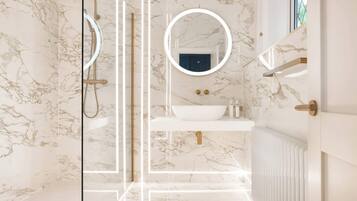 Shower, hair dryer, towels